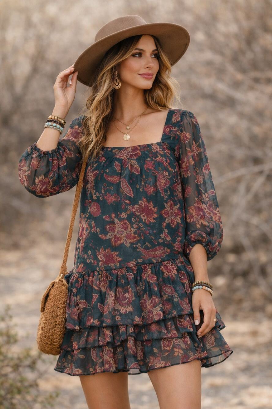 NWT Band of the Free Mandy Floral Pine Berry Sheer Sleeve Ruffle Dress-XS